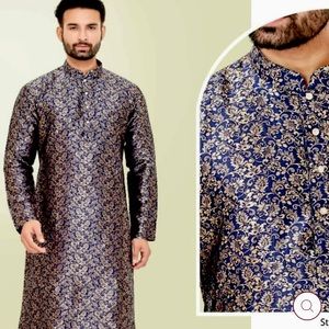 NEW! Men’s XXL (Size 46) Navy Blue  and Gold Silk Kurta Pyjama Set
